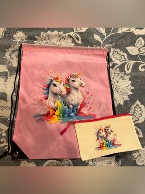 Colorful Drawstring Bag and Pouch, 2 piece set, NWOT
